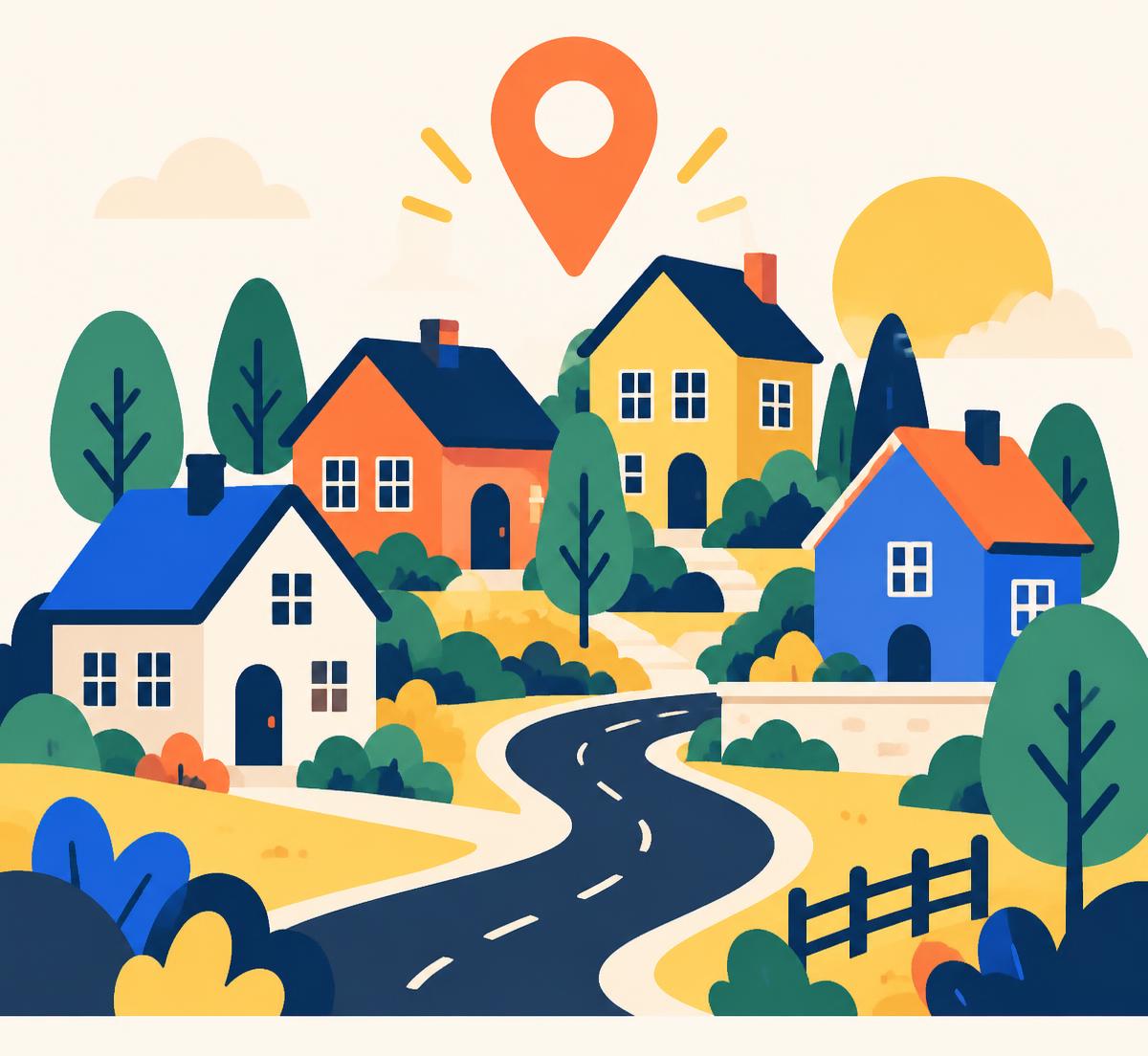 Illustrated neighborhood of colorful houses with a map pin above them
